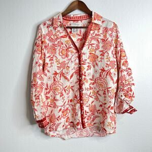 Rachel Zoe 100% Linen Floral Button Front Boho Shirt Top Small Red Salmon Coral